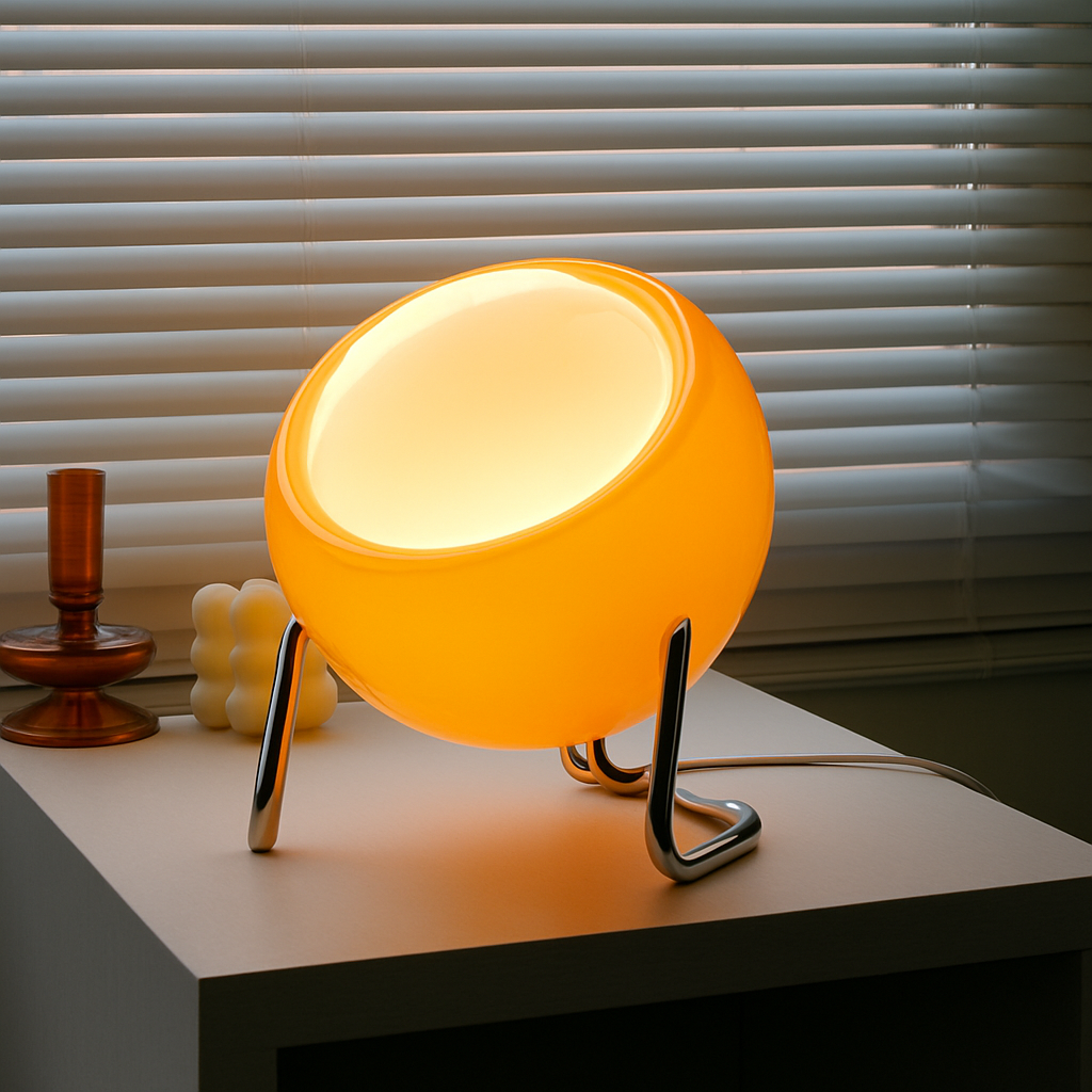 Lampe Bauhaus “VIGDIS” - verre beige & base acier inoxydable