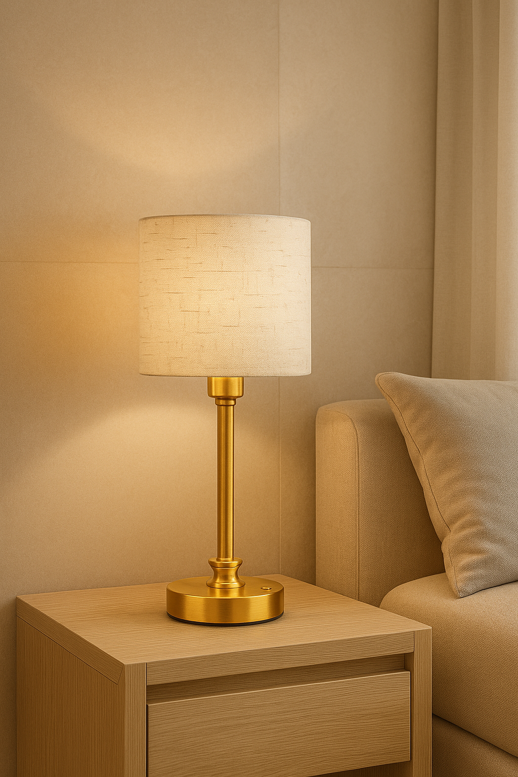 Lampe de table “FREYA” - dorure soyeuse & abat-jour en lin blanc