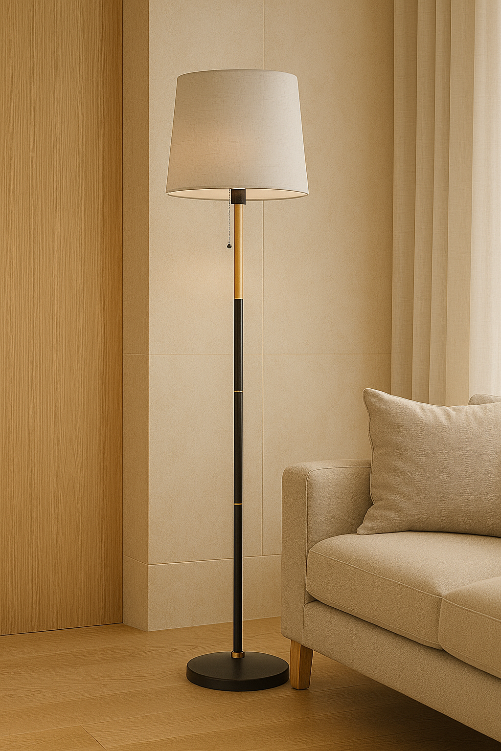 Lampadaire “SVEA” - métal, bois & lin beige, design scandinave intemporel