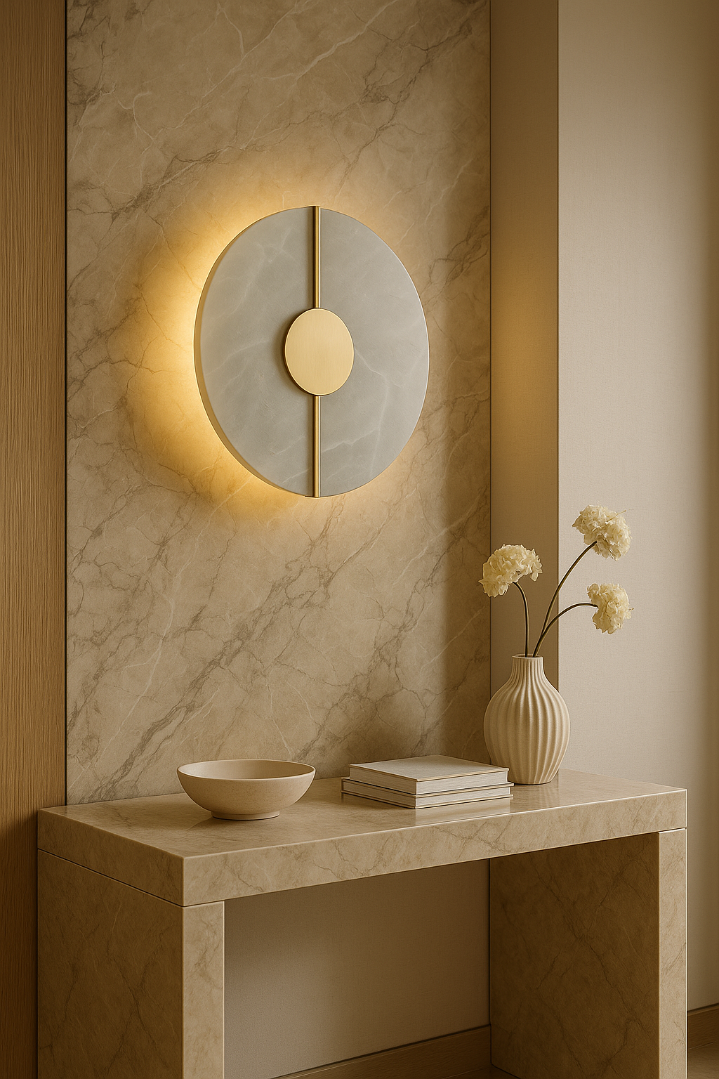 Applique murale “LUMA” - marbre d’albâtre & structure en laiton doré